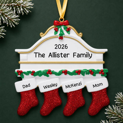 Personalized red stockings family of 4 christmas ornament on a dark green pine background