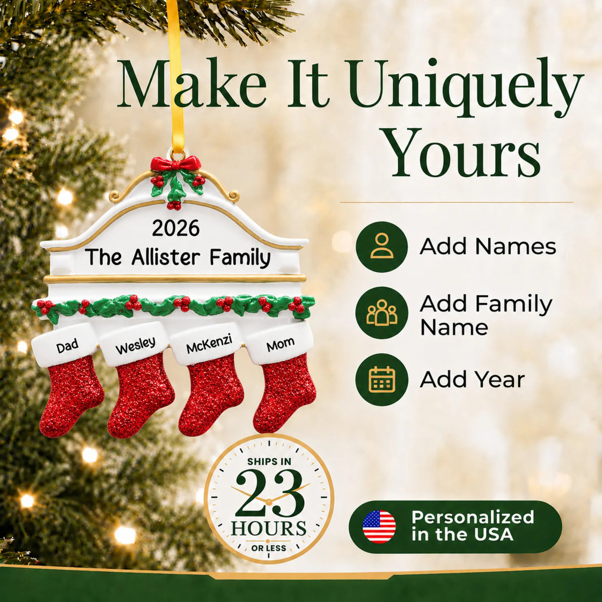 Make it yours: add names and year to the personalized red stockings family of 4 christmas ornament