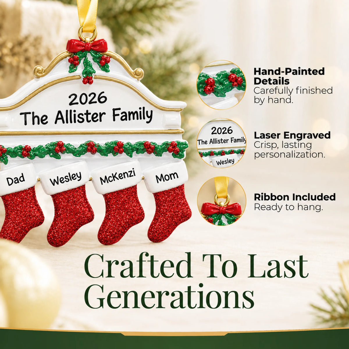 Hand-painted details and laser engraved personalization on the red stockings family of 4 christmas ornament, ribbon included