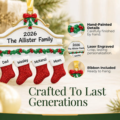 Hand-painted details and laser engraved personalization on the red stockings family of 4 christmas ornament, ribbon included