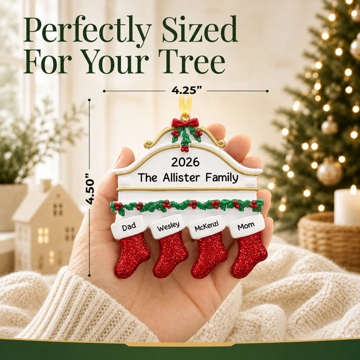 Size guide: the personalized red stockings family of 4 christmas ornament is 4.25 in wide by 4.50 in tall, shown in hand