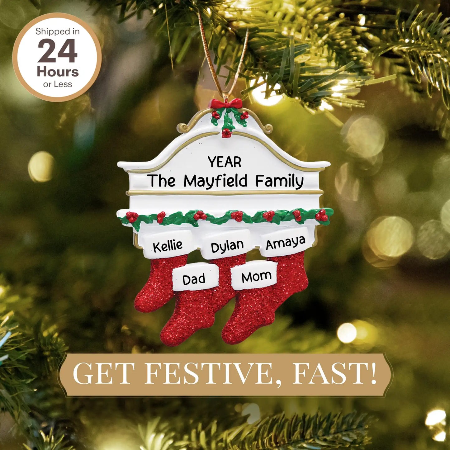 Red Stockings Family of 5 Christmas Ornament