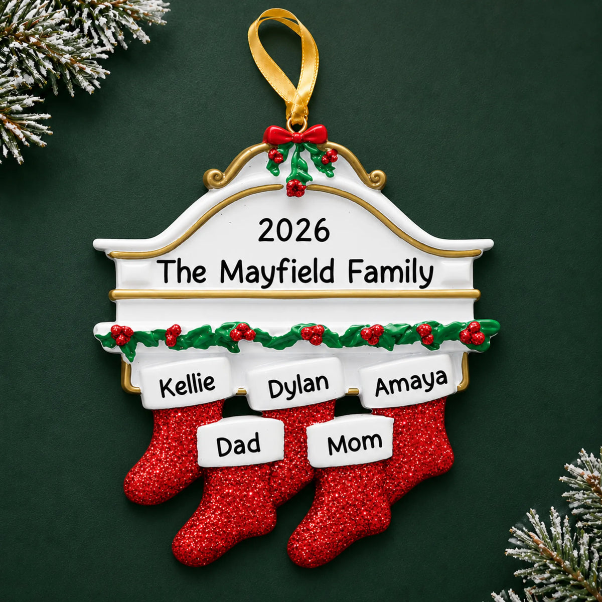 Personalized red stockings family of 5 christmas ornament on a dark green pine background