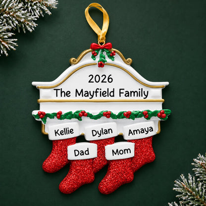 Personalized red stockings family of 5 christmas ornament on a dark green pine background