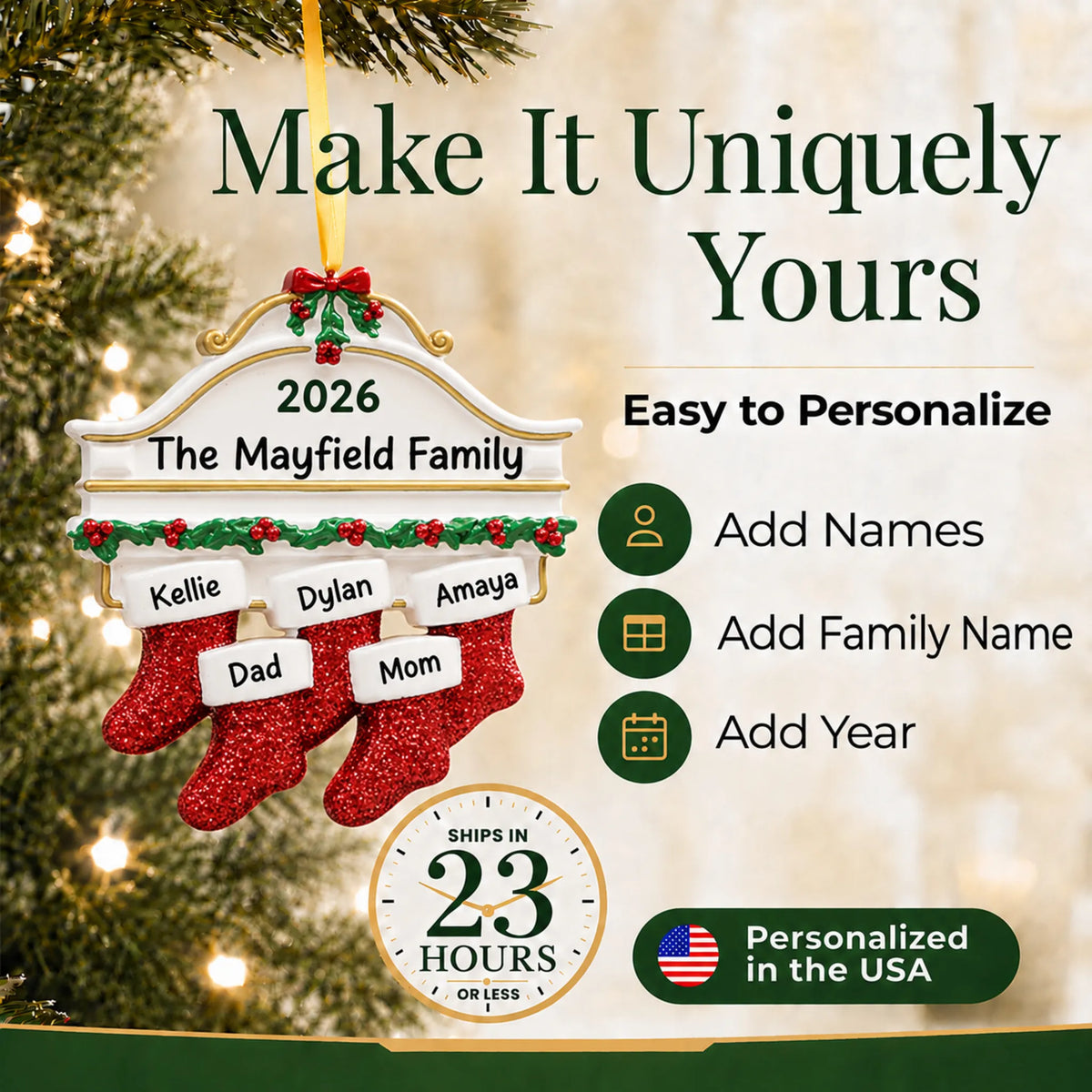 Make it yours: add names and year to the personalized red stockings family of 5 christmas ornament