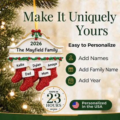 Make it yours: add names and year to the personalized red stockings family of 5 christmas ornament