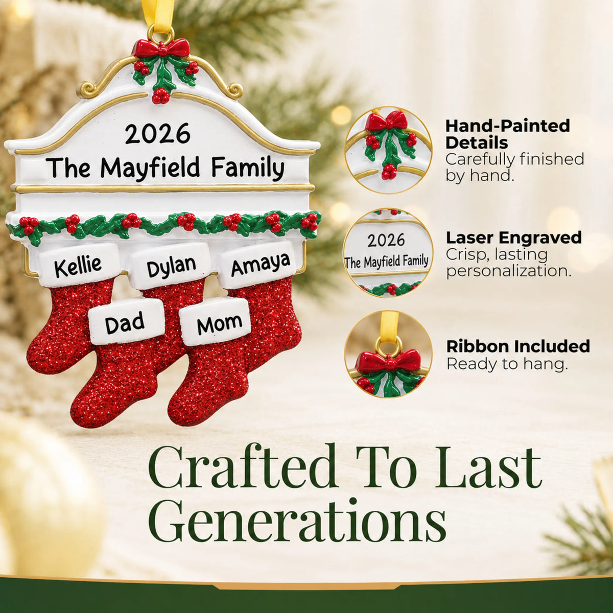 Hand-painted details and laser engraved personalization on the red stockings family of 5 christmas ornament, ribbon included
