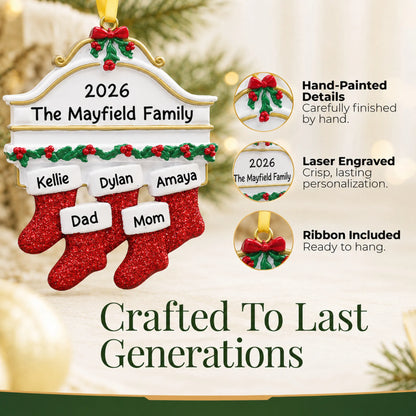 Hand-painted details and laser engraved personalization on the red stockings family of 5 christmas ornament, ribbon included
