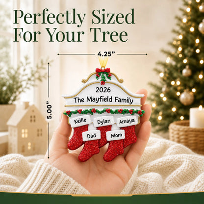 Size guide: the personalized red stockings family of 5 christmas ornament is 4.25 in wide by 5.00 in tall, shown in hand