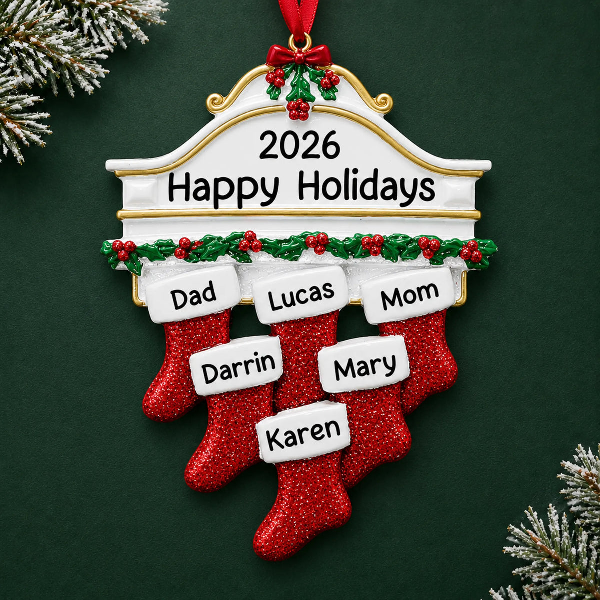 Personalized red stockings family of 6 christmas ornament on a dark green pine background