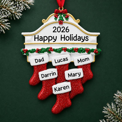 Personalized red stockings family of 6 christmas ornament on a dark green pine background