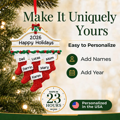 Make it yours: add names and year to the personalized red stockings family of 6 christmas ornament