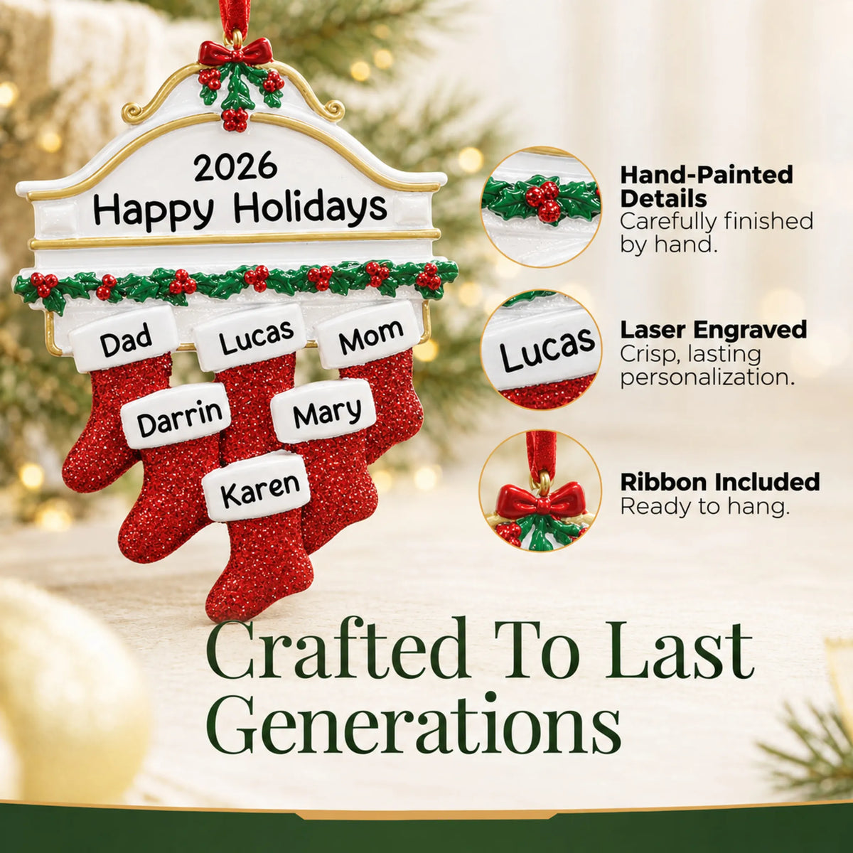 Hand-painted details and laser engraved personalization on the red stockings family of 6 christmas ornament, ribbon included