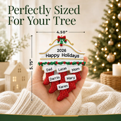 Size guide: the personalized red stockings family of 6 christmas ornament is 4.50 in wide by 5.75 in tall, shown in hand