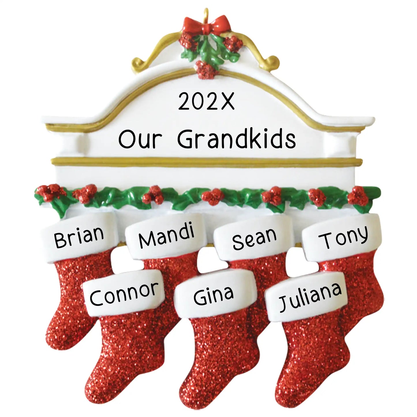 Red Stockings Family of 7 Personalized Ornament
