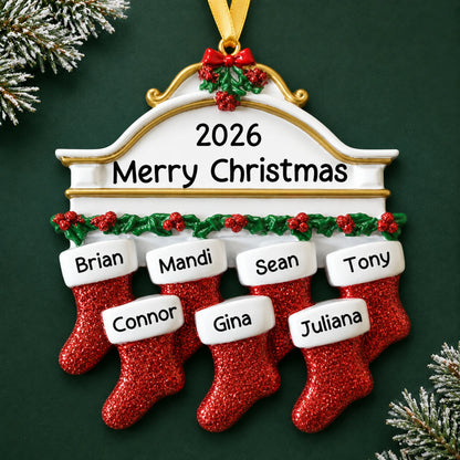 Personalized red stockings family of 7 christmas ornament on a dark green pine background