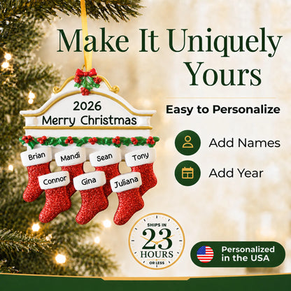 Make it yours: add names and year to the personalized red stockings family of 7 christmas ornament