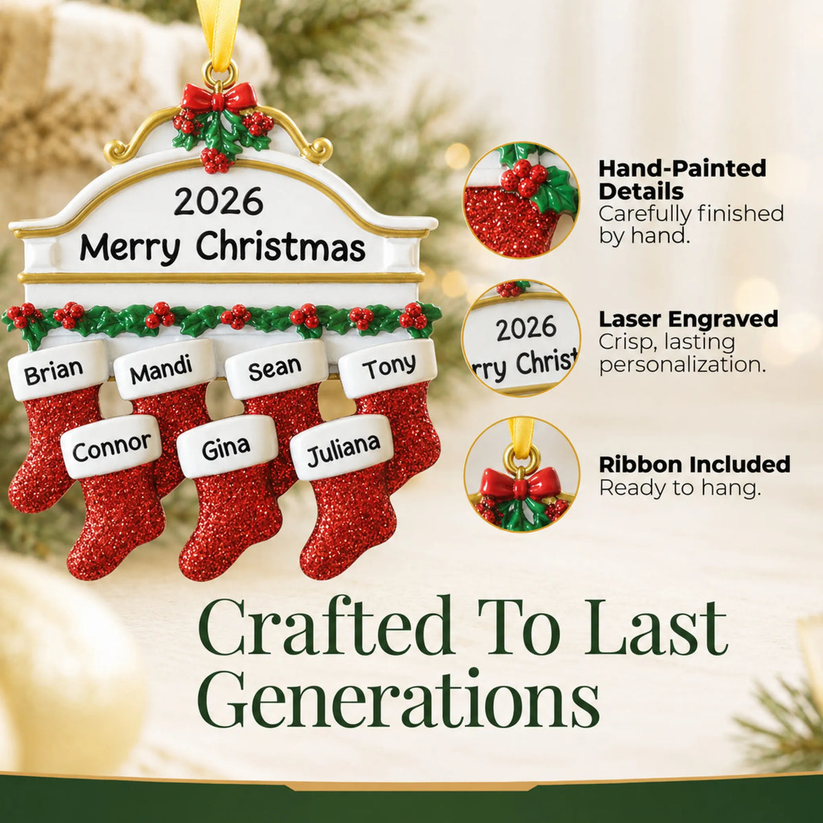 Hand-painted details and laser engraved personalization on the red stockings family of 7 christmas ornament, ribbon included