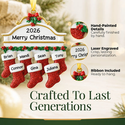 Hand-painted details and laser engraved personalization on the red stockings family of 7 christmas ornament, ribbon included