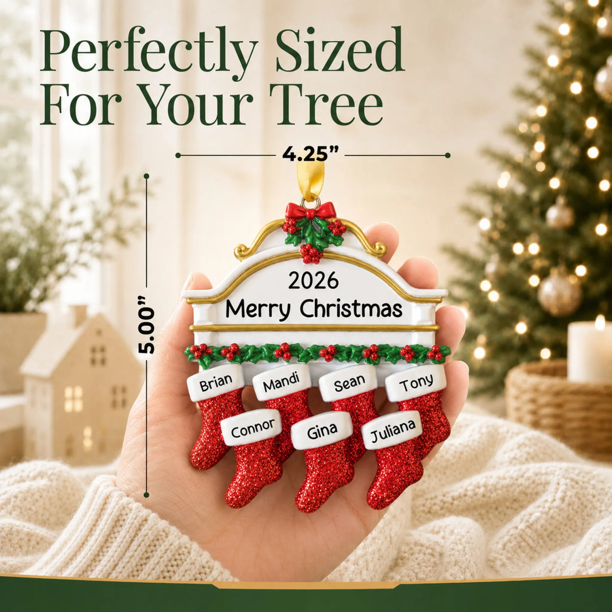 Size guide: the personalized red stockings family of 7 christmas ornament is 4.25 in wide by 5.00 in tall, shown in hand