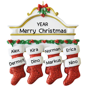 Personalized family of 8 Christmas ornament with eight red stockings on a mantle and custom names