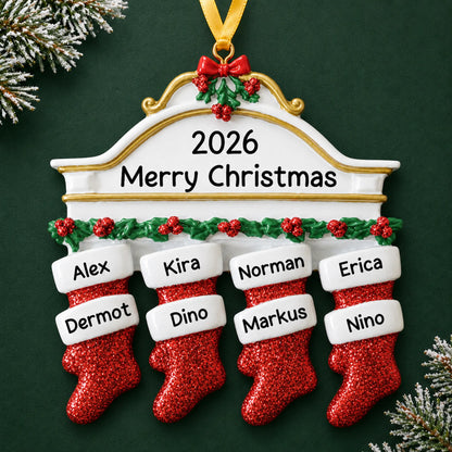 Personalized red stockings family of 8 christmas ornament on a dark green pine background