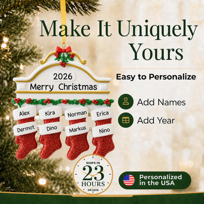 Make it yours: add names and year to the personalized red stockings family of 8 christmas ornament