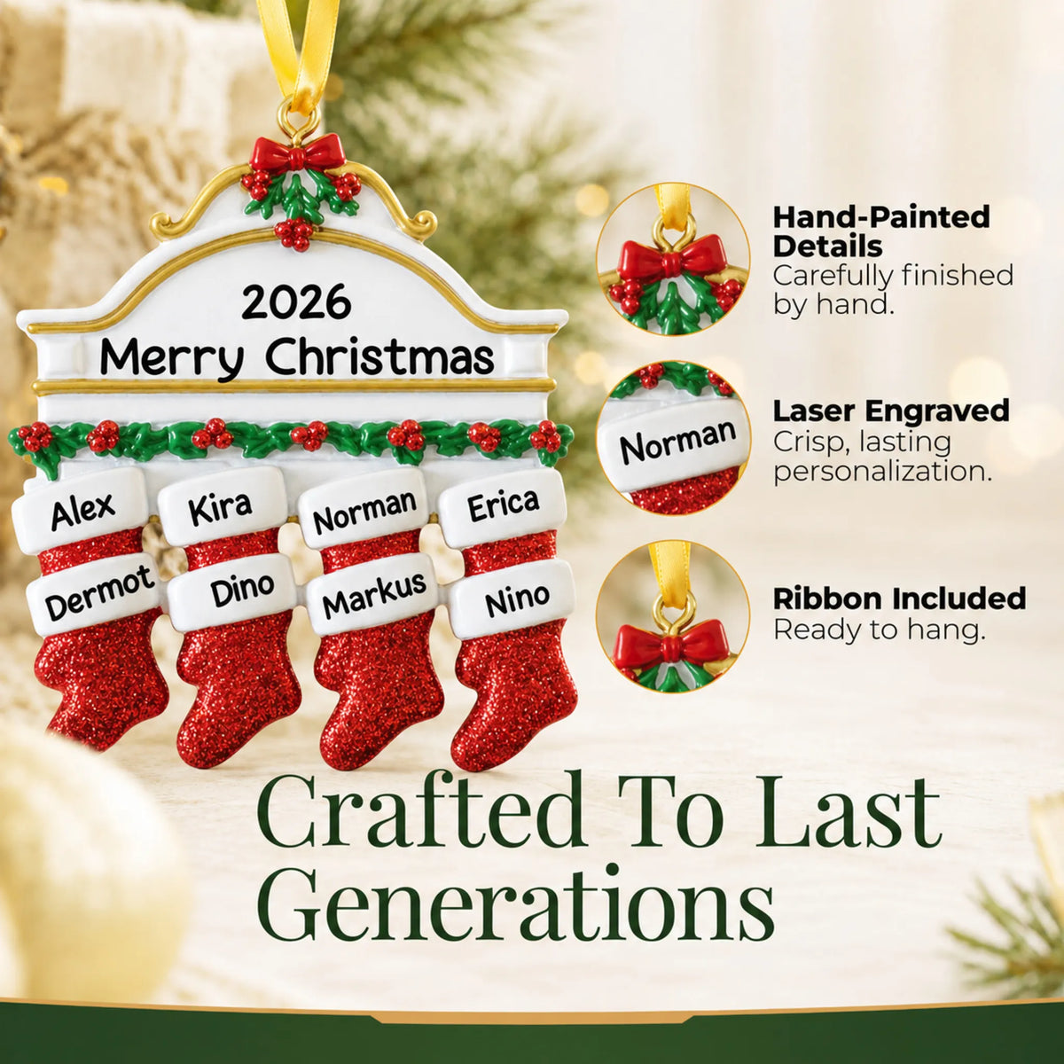 Hand-painted details and laser engraved personalization on the red stockings family of 8 christmas ornament, ribbon included