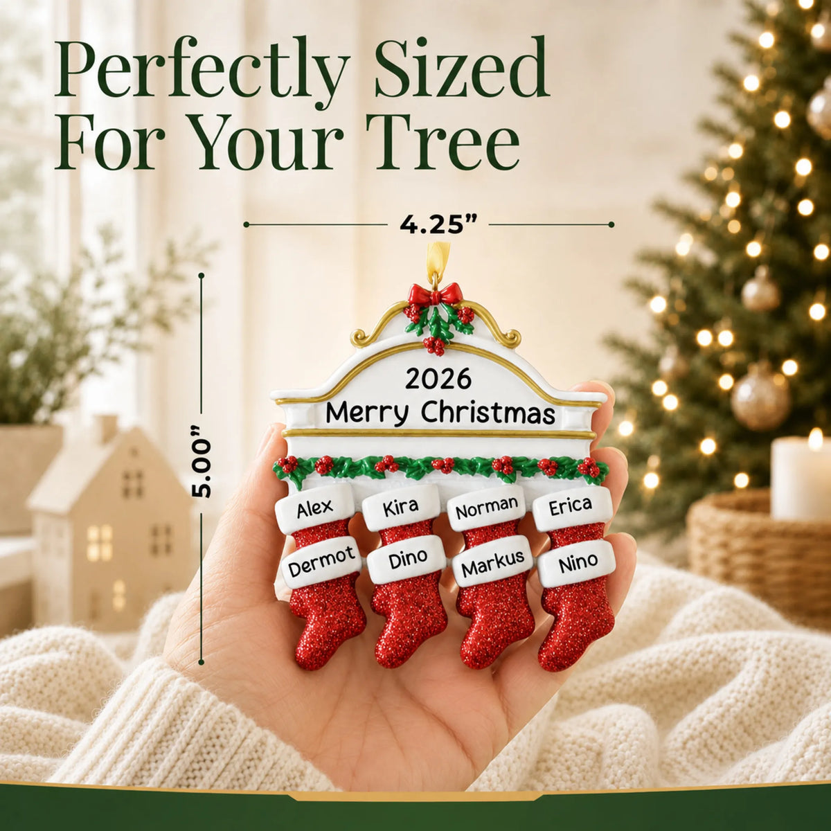 Size guide: the personalized red stockings family of 8 christmas ornament is 4.25 in wide by 5.00 in tall, shown in hand
