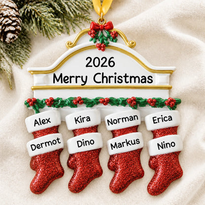Personalized red stockings family of 8 christmas ornament laid on a soft white knit blanket