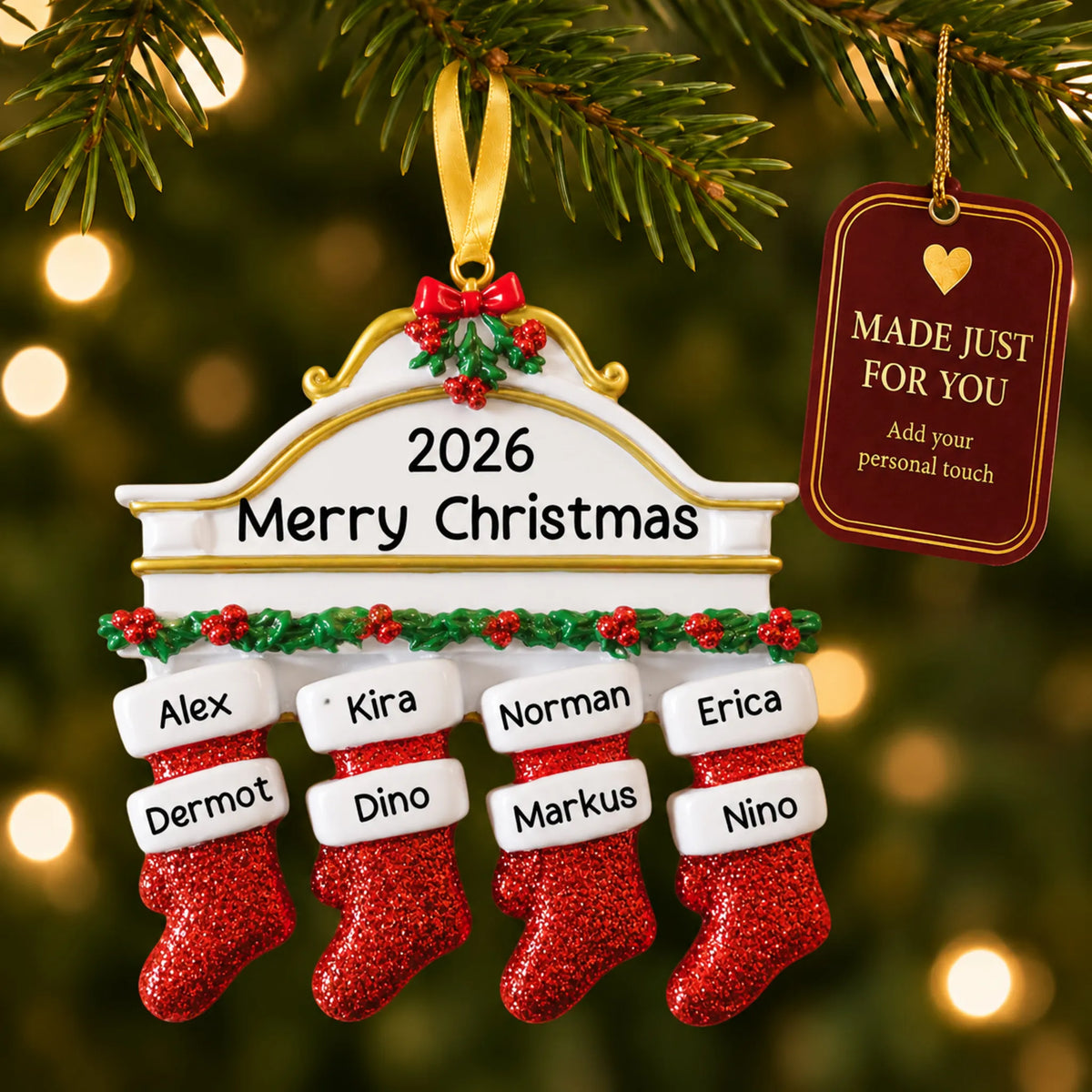 Red stockings family of 8 christmas ornament hanging on a lit Christmas tree with a Made Just For You gift tag
