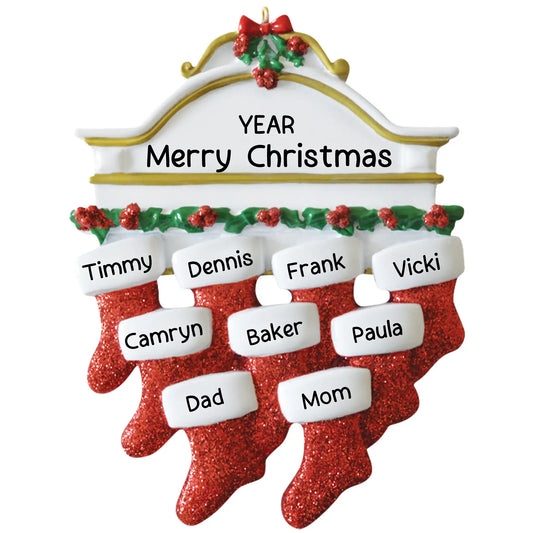 Red Stockings Family of 9 Christmas Ornament