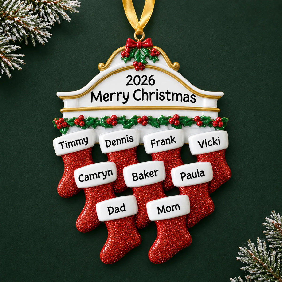 Personalized red stockings family of 9 christmas ornament on a dark green pine background