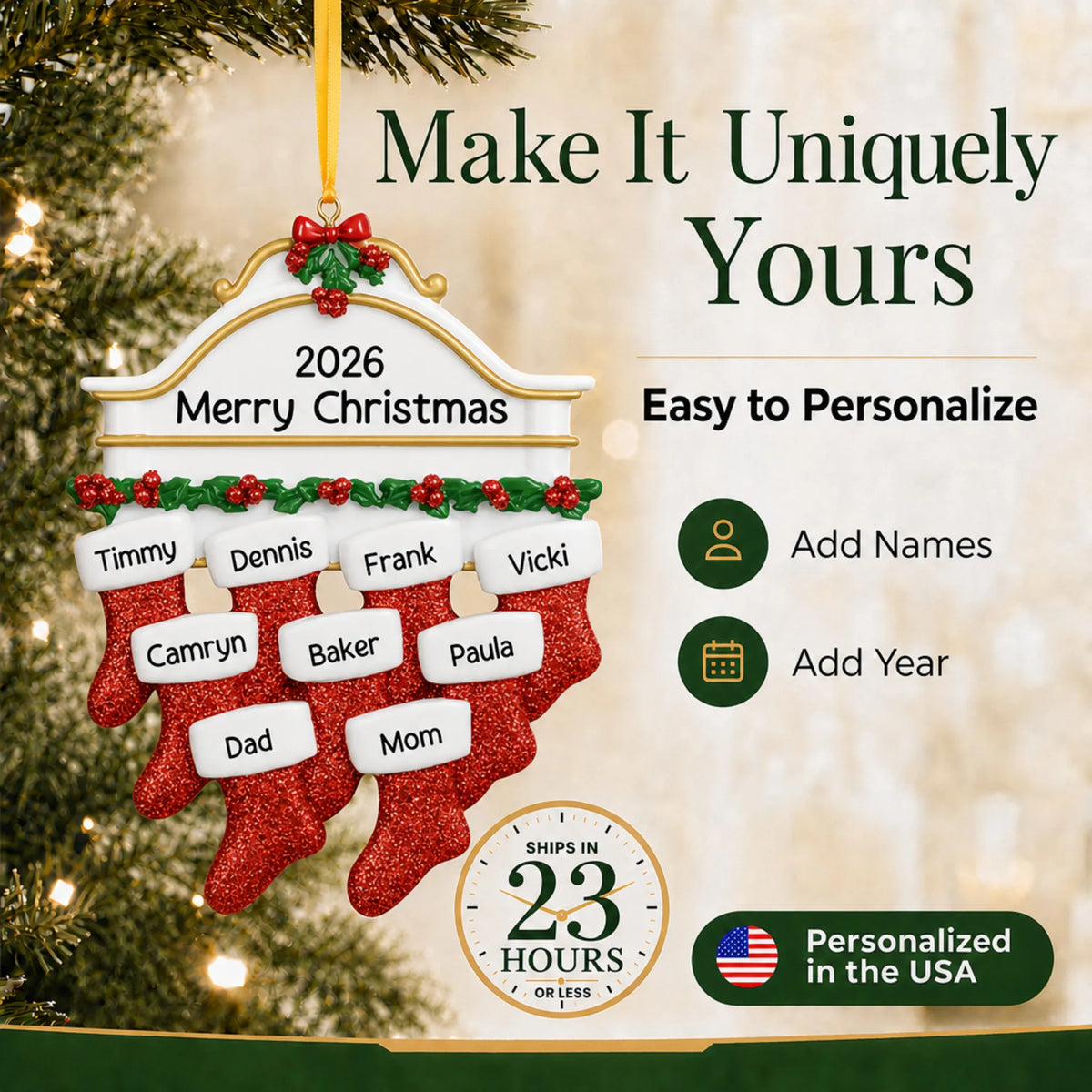 Make it yours: add names and year to the personalized red stockings family of 9 christmas ornament