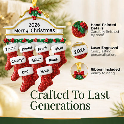 Hand-painted details and laser engraved personalization on the red stockings family of 9 christmas ornament, ribbon included