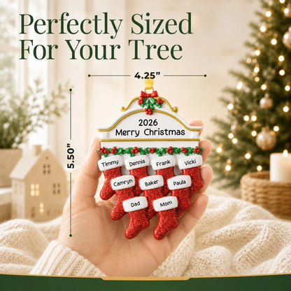 Size guide: the personalized red stockings family of 9 christmas ornament is 4.25 in wide by 5.50 in tall, shown in hand
