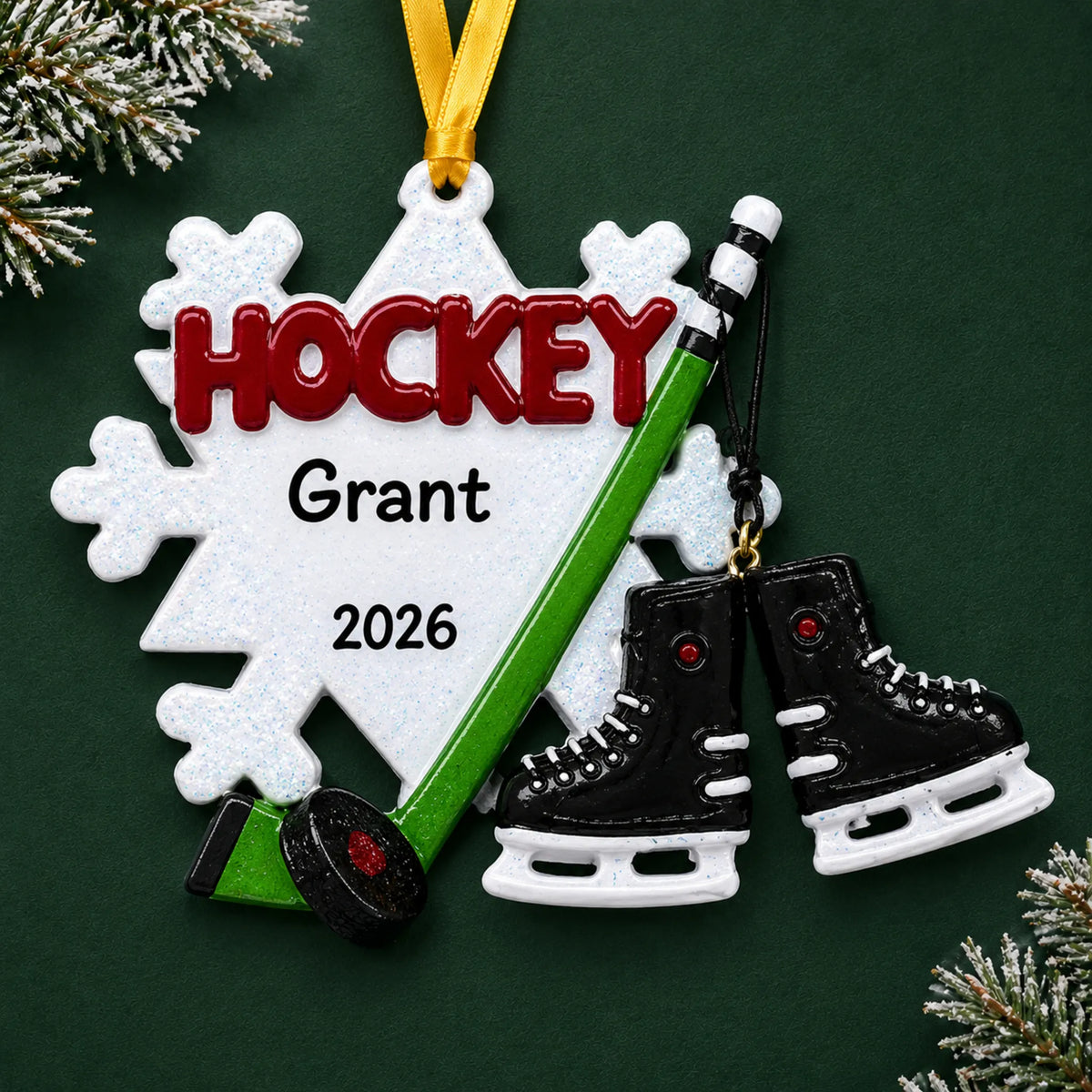 Personalized ice hockey snowflake christmas ornament on a dark green pine background