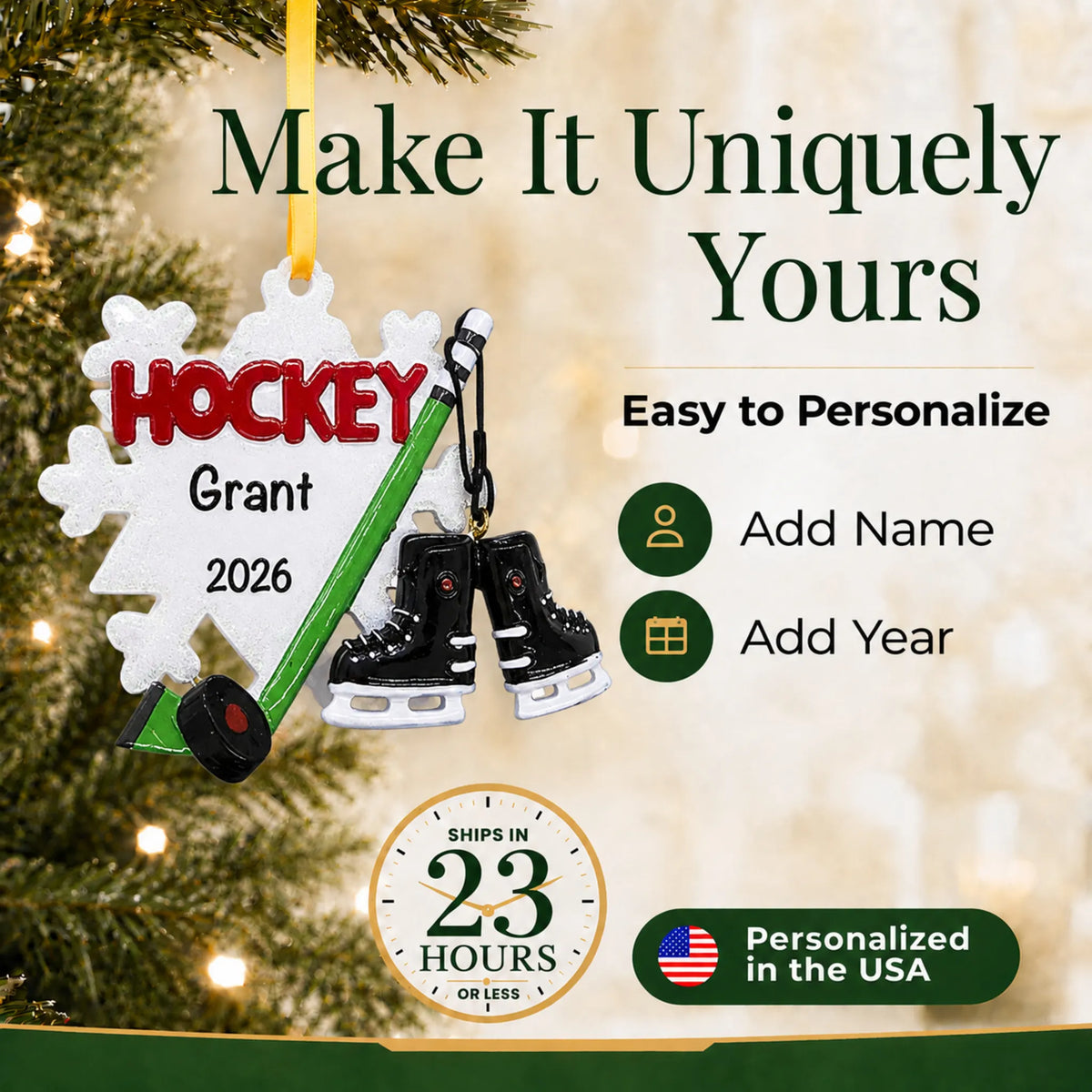 Make it yours: add name and year to the personalized ice hockey snowflake christmas ornament