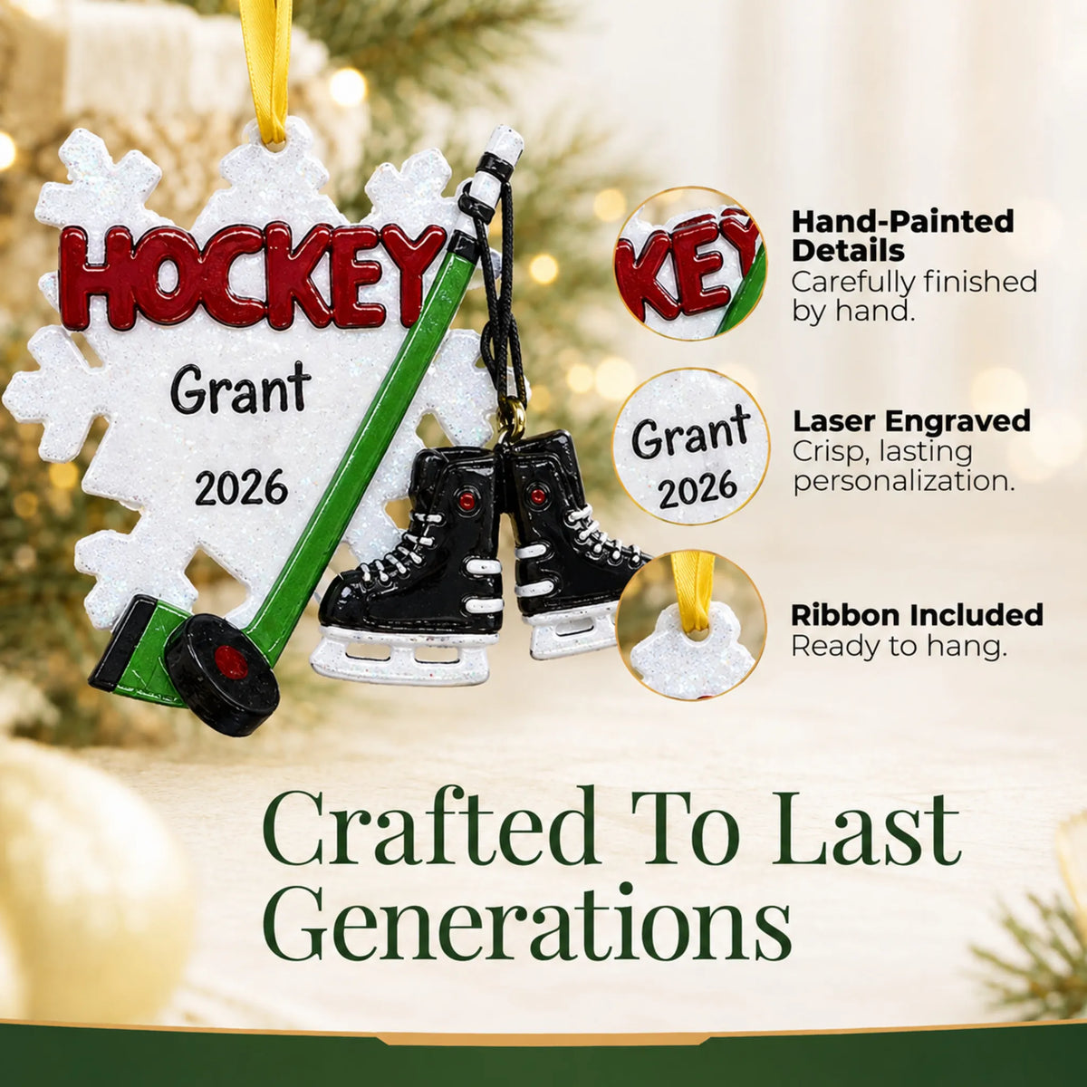 Hand-painted details and laser engraved personalization on the ice hockey snowflake christmas ornament, ribbon included