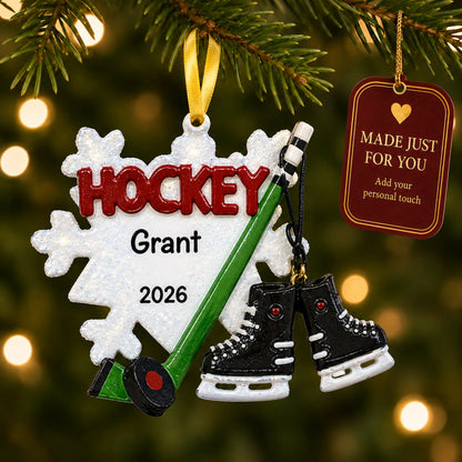Ice Hockey Snowflake christmas ornament hanging on a lit Christmas tree with a Made Just For You gift tag