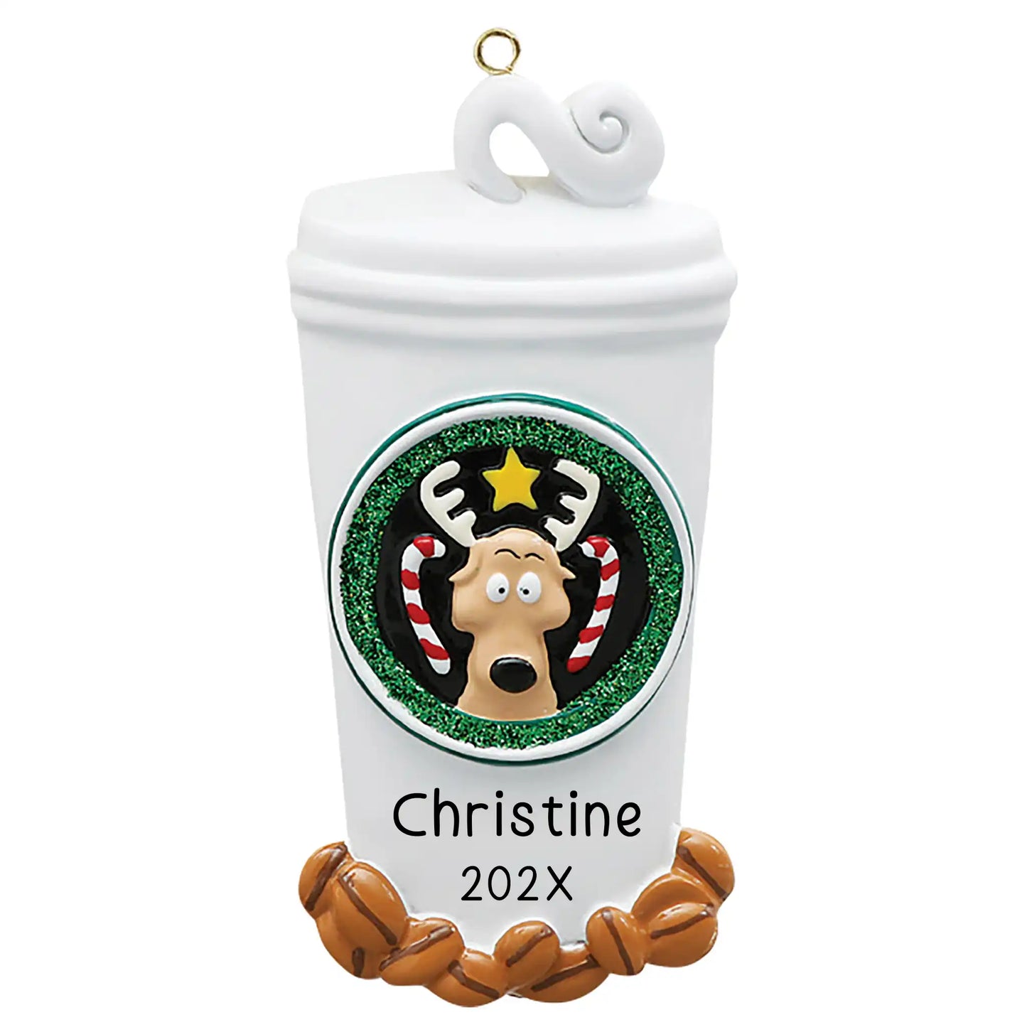 Personalized Christmas ornament shaped like a large white coffee cup with a lid, decorated with a festive reindeer logo and coffee beans, ready for custom name engraving.