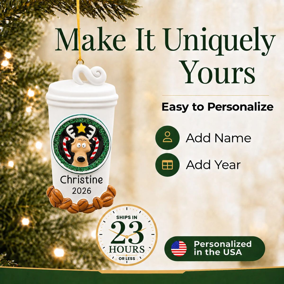 Make it yours: personalize the Coffee Lover To-Go Cup christmas ornament
