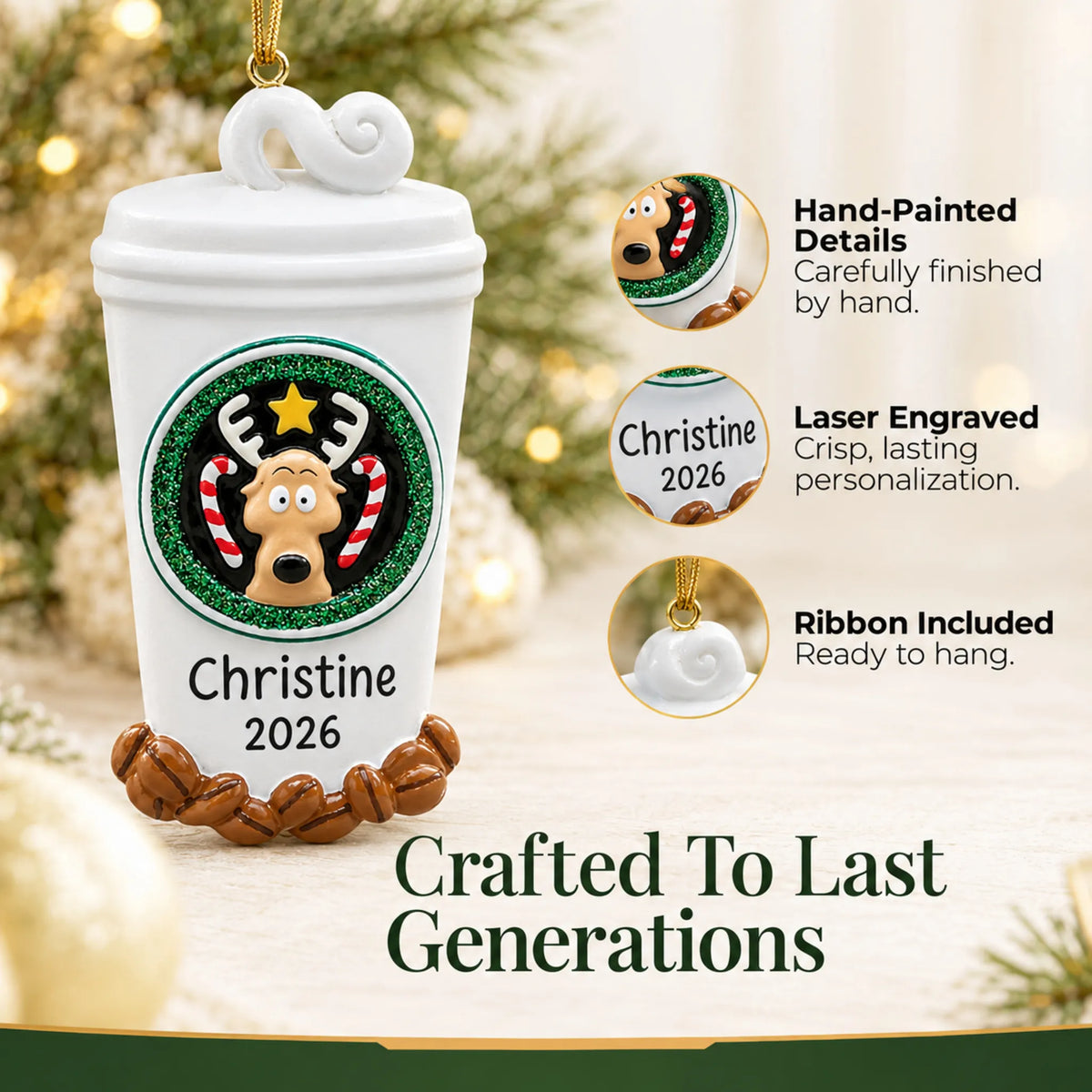 Hand-painted details and laser engraved personalization on the Coffee Lover To-Go Cup christmas ornament, ribbon included