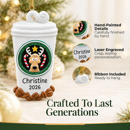 Hand-painted details and laser engraved personalization on the Coffee Lover To-Go Cup christmas ornament, ribbon included