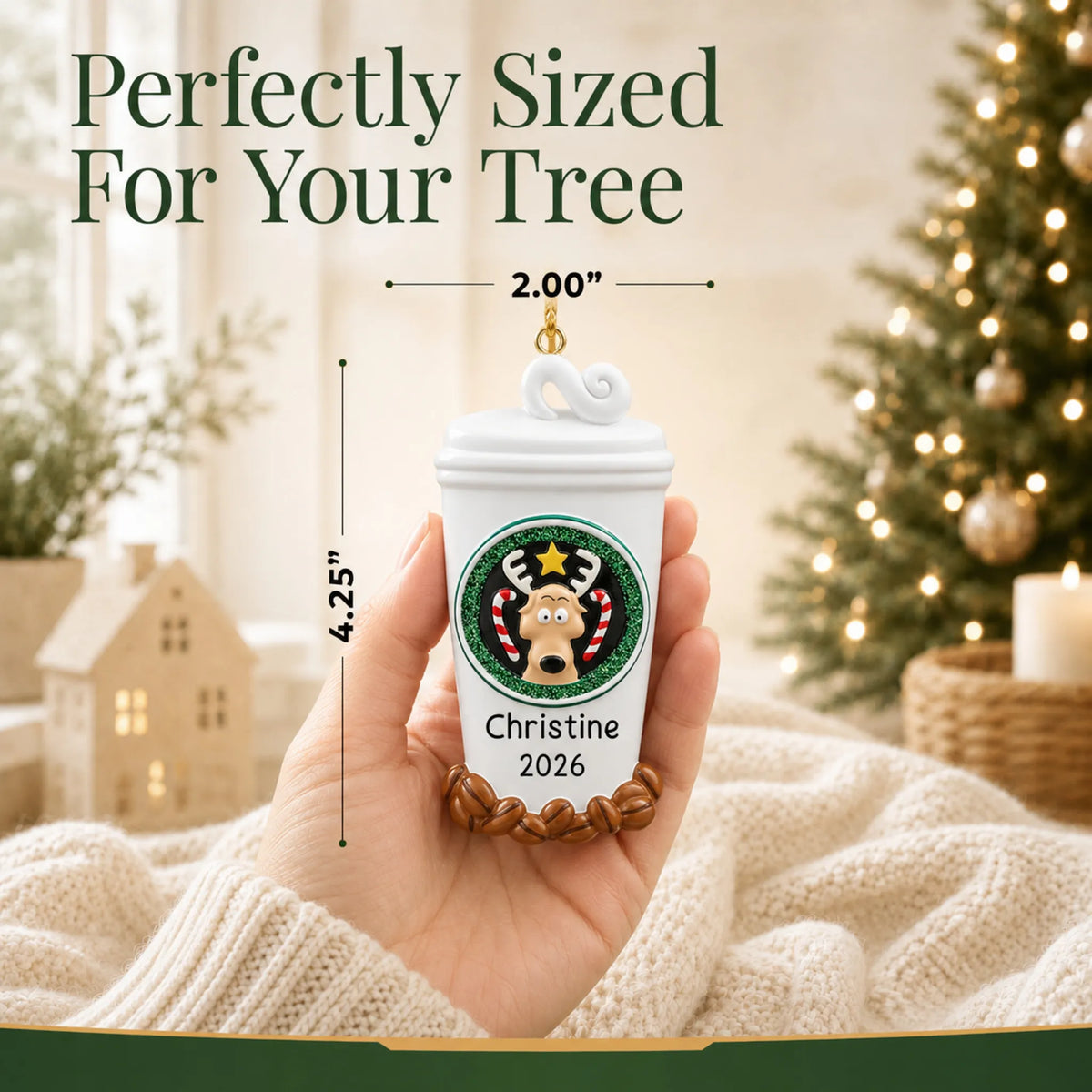 Size guide: the personalized Coffee Lover To-Go Cup christmas ornament is 2.00 in wide by 4.25 in tall, shown in hand