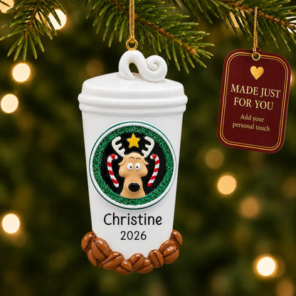Coffee Lover To-Go Cup christmas ornament hanging on a lit Christmas tree with a Made Just For You gift tag