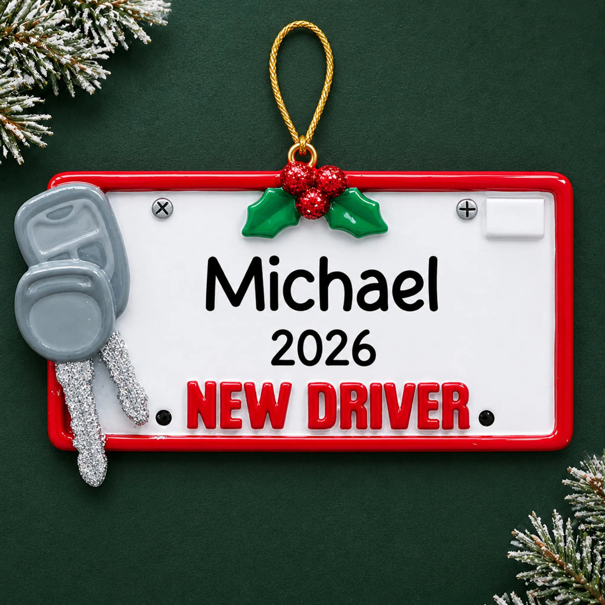 Personalized new driver license plate christmas ornament on a dark green pine background