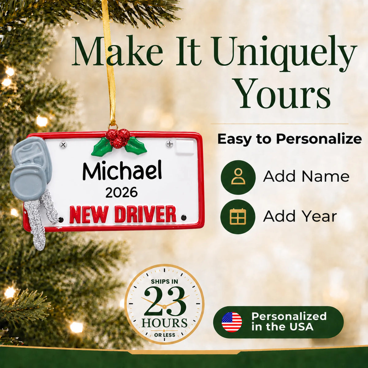 Make it yours: add name and year to the personalized new driver license plate christmas ornament