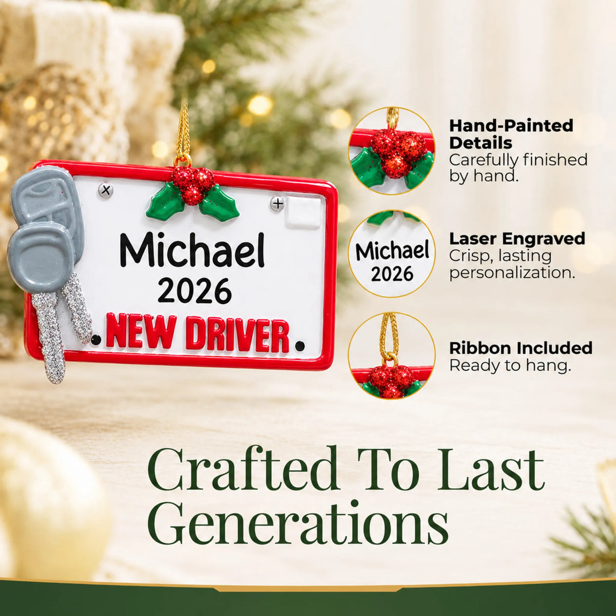 Hand-painted details and laser engraved personalization on the new driver license plate christmas ornament, ribbon included