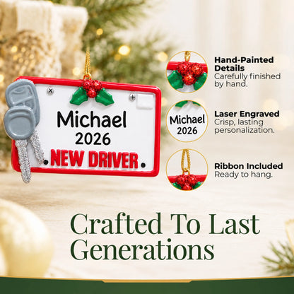 Hand-painted details and laser engraved personalization on the new driver license plate christmas ornament, ribbon included